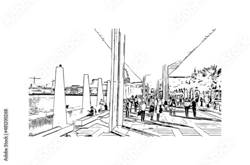 Building view with landmark of Malaga is the municipality in Spain. Hand drawn sketch illustration in vector.