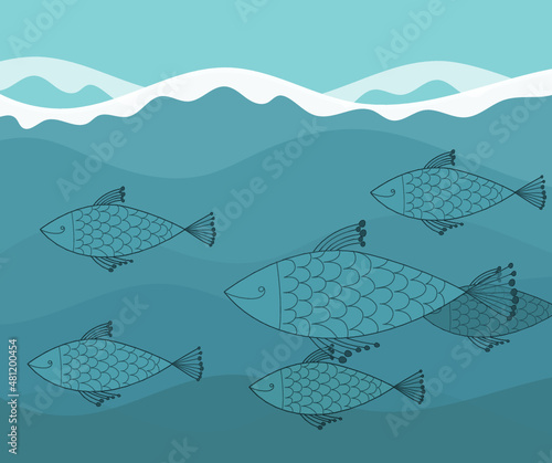 Branco di pesci con squame e pinne tra le onde del mare photo