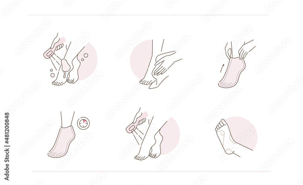 Foot care illustration set. Beauty girl take care of her feet and