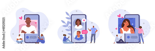 Online dating illustration set. Characters using dating and social media app and liking potential partners profiles. Single woman and man looking for relationship. Vector illustration.

