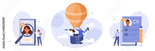 
Hiring illustration set. Hr managers flying on air balloon, searching job candidate and reading CV. Character applying for work position. Job recruitment process concept. Vector illustration.