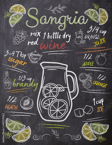Sangria Rezept auf Kreidetafel. Cocktail Rezept, druckbare Kunst. Spanische Spezialität.
