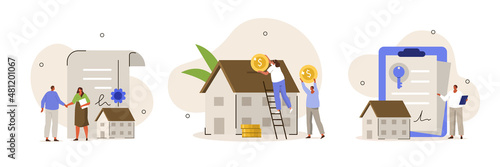 Mortgage process illustration set. Characters buying property with mortgage, receiving bank approval, signing contact and legal documents. Vector illustration.
