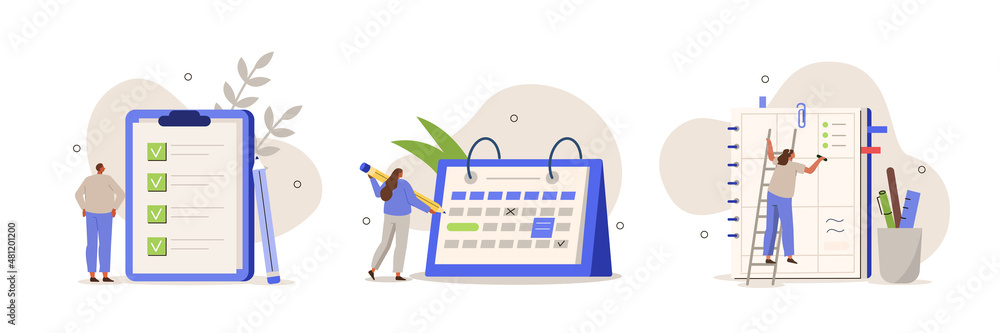 Planning schedule illustration set. Characters writing notes and putting stickers on calendar, filling to do list and daily planner. Daily planning concept. Vector illustration. - obrazy, fototapety, plakaty 