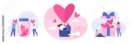 Valentines day set. Characters greeting each other and presenting romantic valentines hearts and gifts. Couples in love. Vector illustration.
