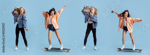 Collage with two stylish retro girls wearing 90s fashion style, outfit isolated over blue studio background. Concept of eras comparison, beauty, fashion and youth.