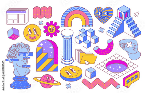 Colorful surreal stickers. Retro set with emoji, rainbow, heart, medieval characters and ladders. Design elements for printing on paper. Cartoon flat vector collection isolated on white background