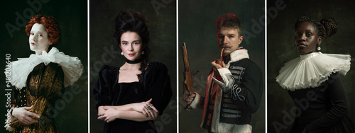Set of young people in image of historical, medieval persons in vintage clothing on dark background. Concept of comparison of eras, modernity. photo