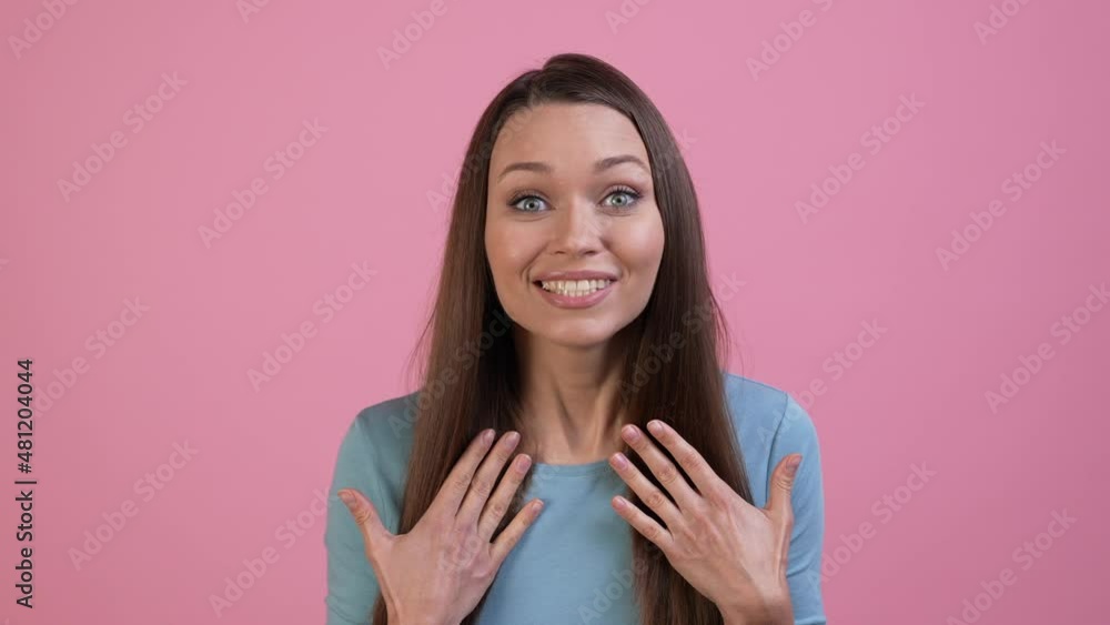 Crazy lady impressed lucky novelty isolated pastel color background Crazy lady impressed lucky novelty isolated pastel color background