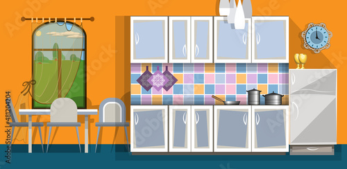 Kitchen interior in yellow and blue palette. Furniture, refrigerator, table with chairs and a large window.Vector illustration