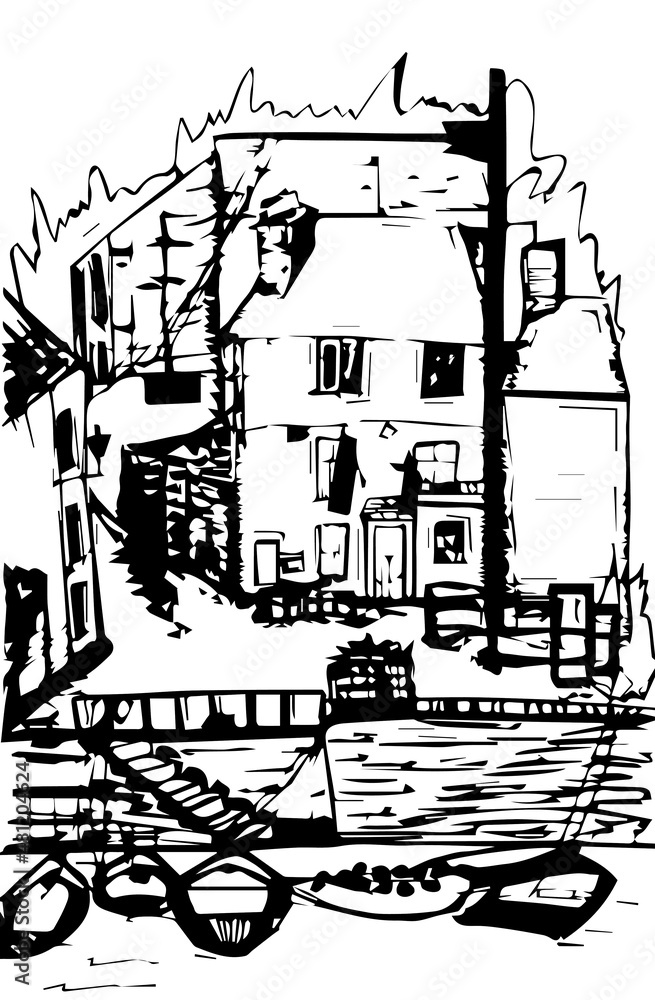 black and white ink sketch of the drawing of the house of the raster version of the illustration