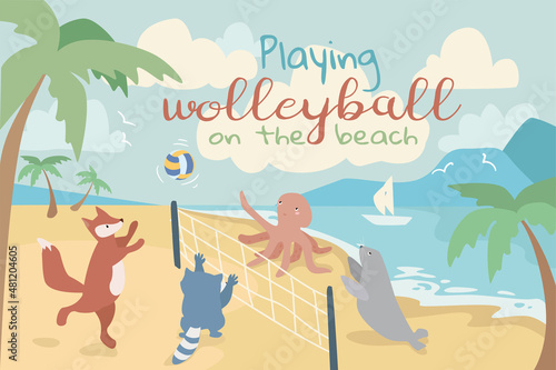 Animals playing volleyball concept background