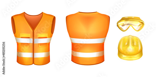 Realistic orange safety vest with reflective stripes and hard hat. Construction helmet and glasses. Personal protective equipment and hi-vis uniform for workers. High visibility uniform with tapes.