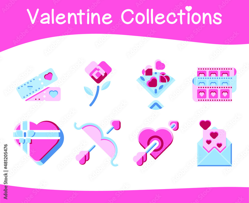 Valentine item collections. Colorful vector illustration in cartoon style.