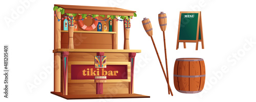 Cartoon set of summer hawaiian elements with hawaii totem, wooden beach cafe and drinks for ocean party. Tiki bar with tribal masks, torch, barrel and menu board isolated on white background.