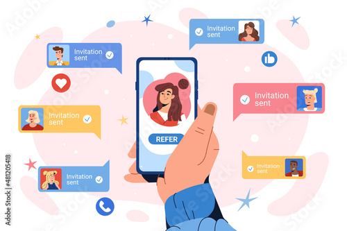 Refer a friend concept. Flat hand with smartphone to invite friends for community on social media group. Earn rewards, money bonus from online referral program. Teenagers follow and join to influencer