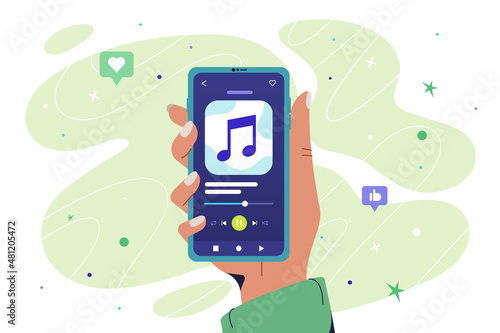 Human hand holding smartphone with app for listening to music or podcast. Mobile application with song playlist or online radio. Audio player interface on digital device screen flat vector ilustration photo