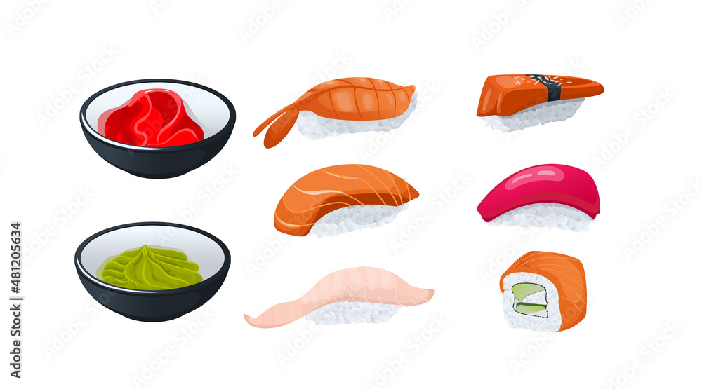 Sashimi sushi set. Wasabi and ginger in black cups. Japanese cuisine in the restaurant. Japanese food. Isolated on white background. Flat style. Vector illustration.