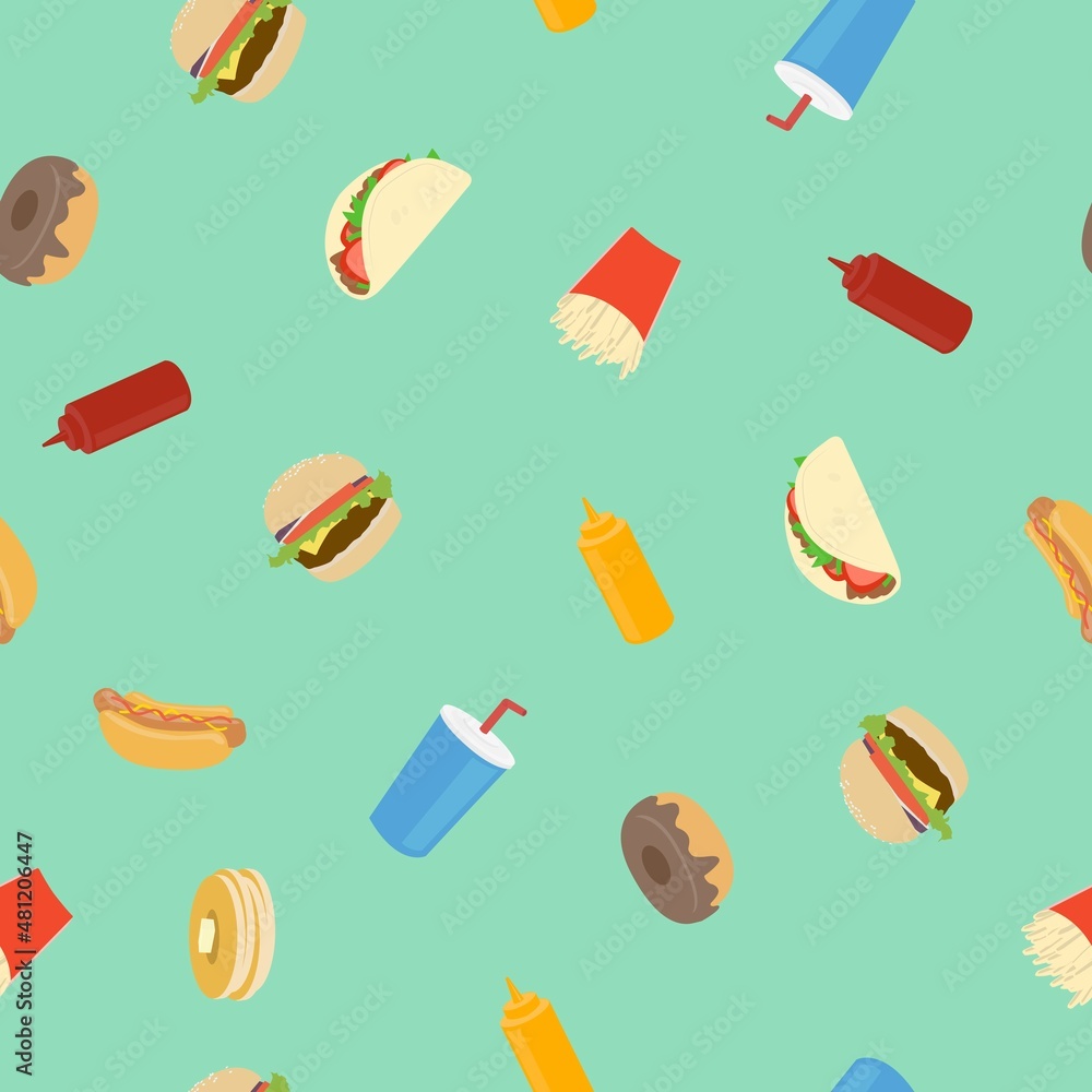 Fast Food Pattern. Vector seamless pattern with hot dogs, burgers, ketchup, mustard, drinks, donuts and tacos