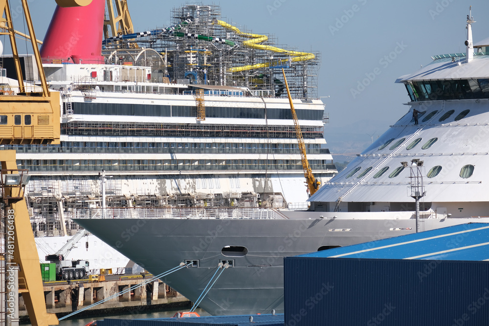 Modern cruise ship liner or cruiseship in dry dock maintenance refurb