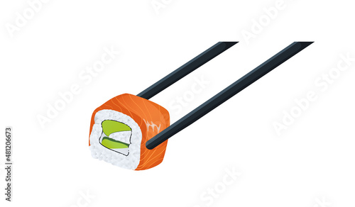 The Philadelphia roll is held on with black chopsticks. Japanese cuisine in the restaurant. Japanese food. Isolated on white background. Flat style. Vector illustration.