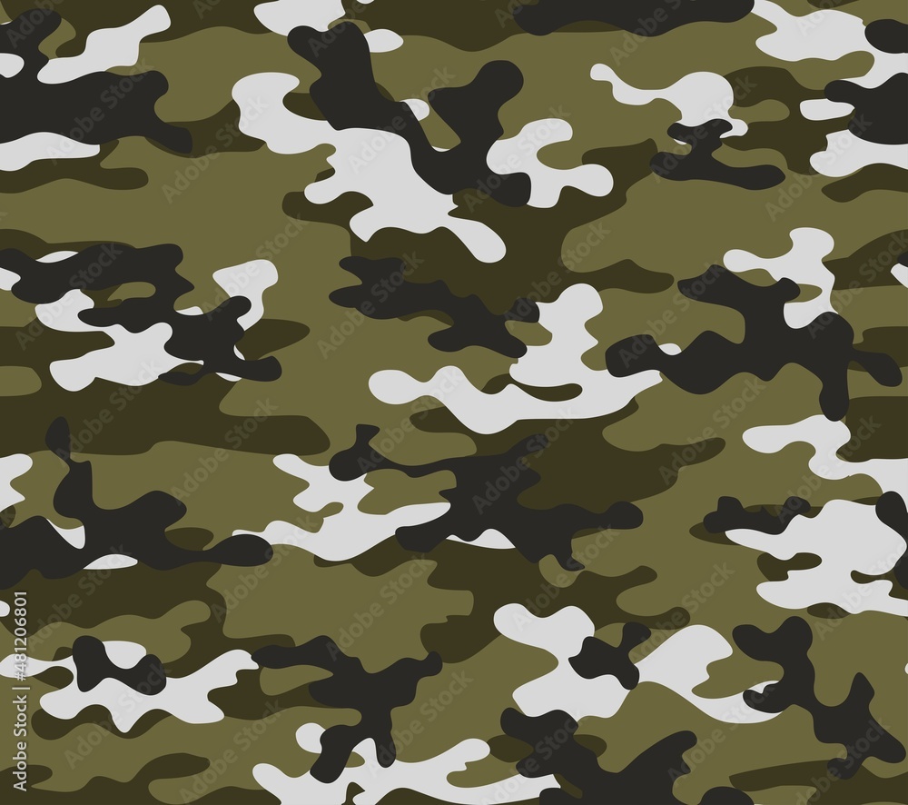 Fototapeta premium Green camouflage pattern, military illustration seamless background, forest texture for print on clothes, paper, fabric.