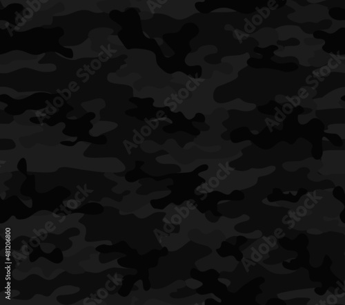 Abstract camouflage black background, pattern repeat, night pattern. Disguise