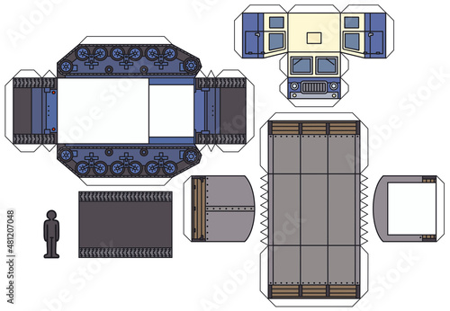The paper model of an old blue and white tracked freight vehicle