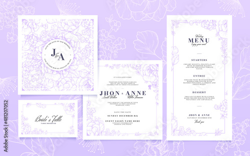 Wedding card invitation set, Purple flowered wedding card, 