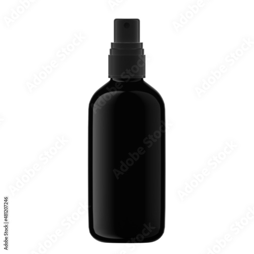Round Black Plastic Bottle Cosmetic with Mist Spray Isolated