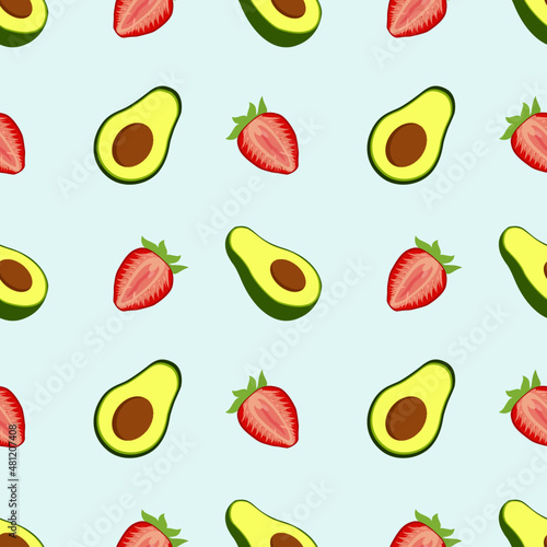 Fototapeta Naklejka Na Ścianę i Meble -  Fruit seamless pattern with strawberry and avocado, cute seamless pattern vector illustration.