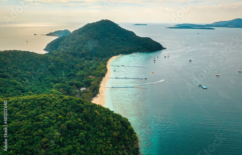 Coral island, koh He, beach and boats in Phuket province, Thailand photo