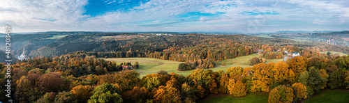 Autumn panorama of the Saxon Alps with the bend of the Elbe river near the town of Pirna
