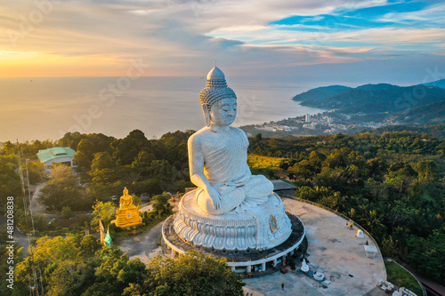 Aerial view of Big Buddha viewpoint at sunset in Phuket province, Thailand