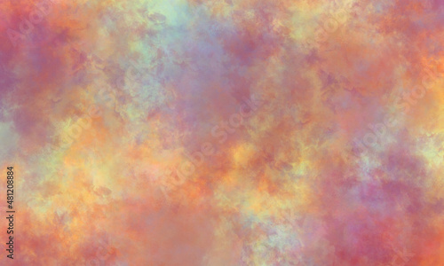 Abstract summer translucent watercolor background in green, orange, red, purple, blue and yellow tones. Copy space, horizontal banner.