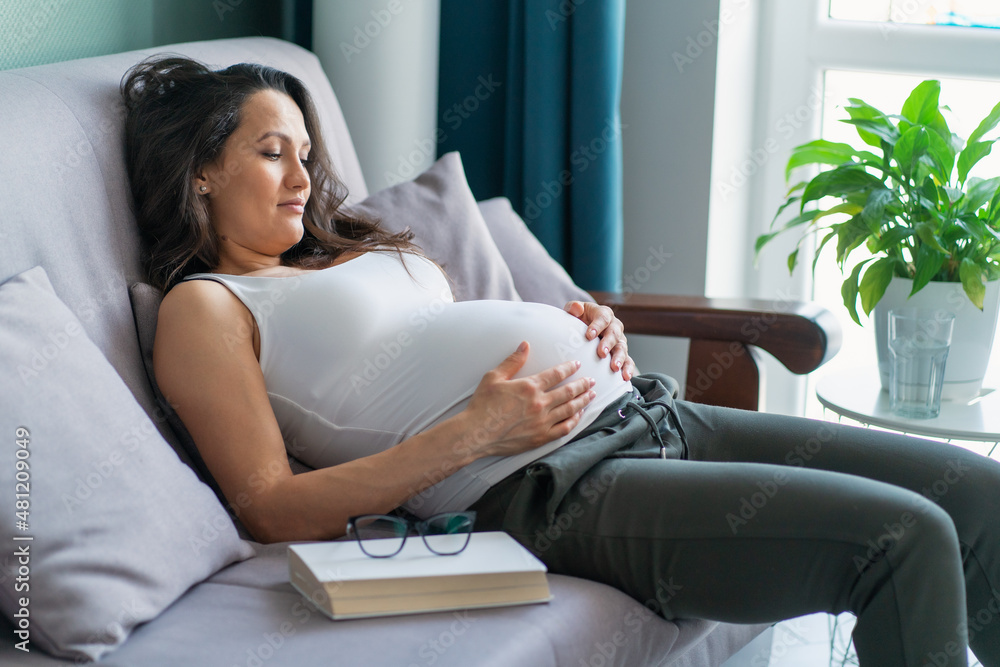 Relaxed dark-haired pregnant woman dressed in grey T-shirt and black trousers lying on comfortable grey couch with pillows, touching her tummy, smiling and relaxing after reading book at home Relaxed dark-haired pregnant woman dressed in grey T-shirt and black trousers lying on comfortable grey couch with pillows, touching her tummy, smiling and relaxing after reading book at home