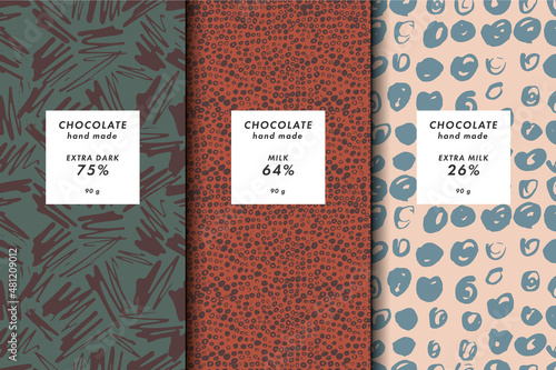 Vector illustration set of templates contemporary abstract cover and patterns for chocolate and cocoa packaging with labels. Minimal modern backgrounds.