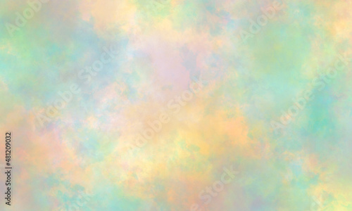 Abstract summer translucent watercolor background in green, orange, purple, blue and yellow tones. Copy space, horizontal banner.
