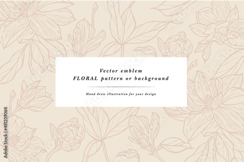Vintage card with magnolia flowers. Floral wreath. Summer floral magnolia greeting card. Flowers background for cosmetics packaging.