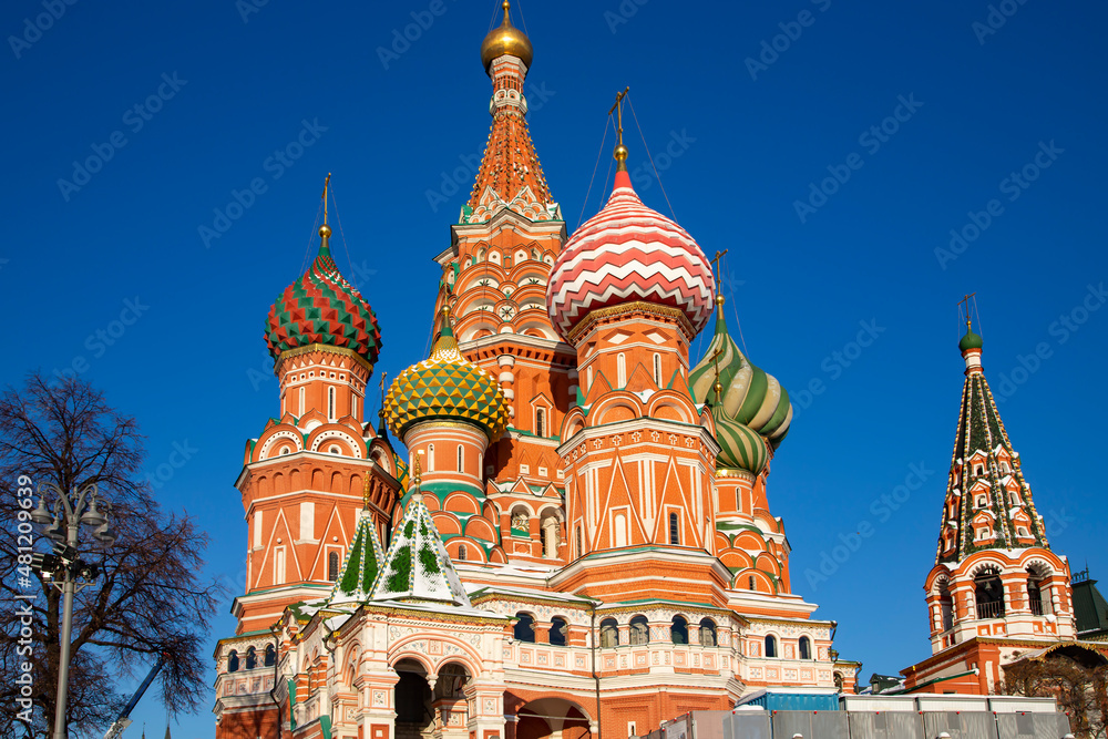 Cathedral of the Intercession of the Blessed Virgin Mary St. Basils Cathedral on Red Square, Moscow, Russia. Old Saint Basils temple is famous tourist attraction of Moscow. Concept of Russian culture