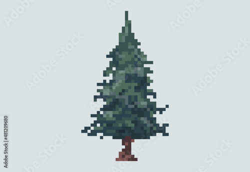 Illustration of a blue spruce tree in pixel art style