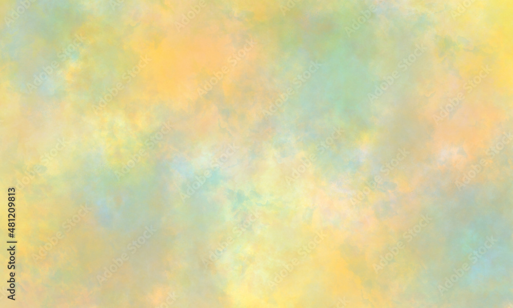 Abstract summer translucent watercolor background in green, orange, blue and yellow tones. Copy space, horizontal banner.
