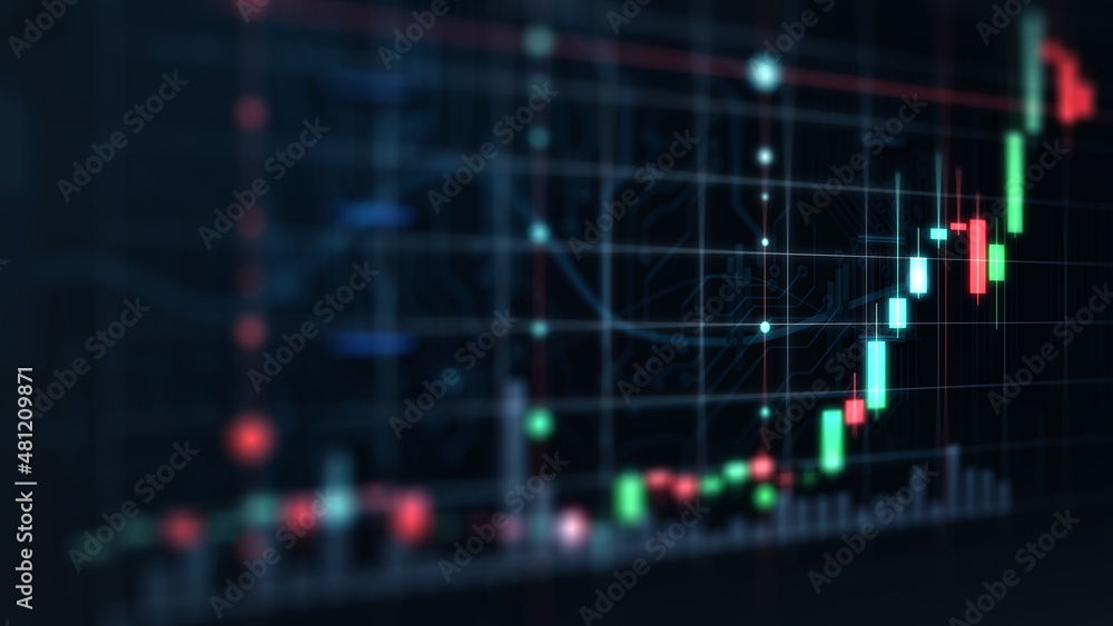 Fototapeta premium Pricing chart/An illustration of the display of a quote pricing chart. Analysis of financial statistics on a dark background with growing financial charts. Stock analysis. 3d rendering