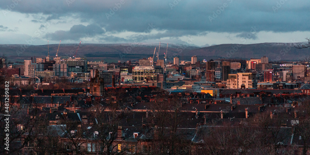Cityscape of Glasgow, Scotland at dusk