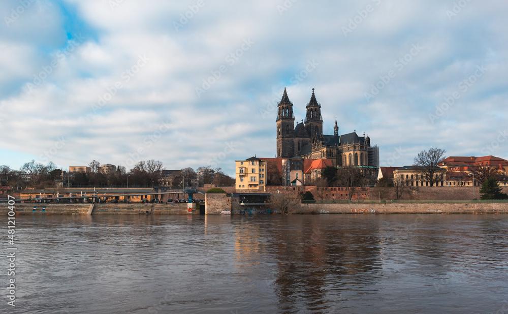 Magdeburg Cathedral and city view from across the Elbe River.