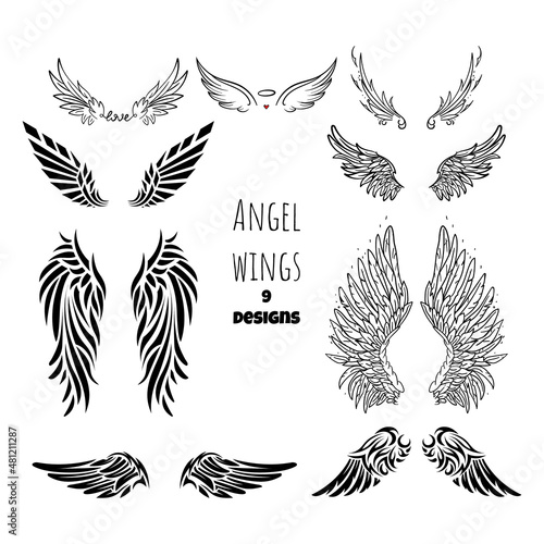Angel wings tattoo collection. Isolated black stencils. Romantic doodle. Gothic designs