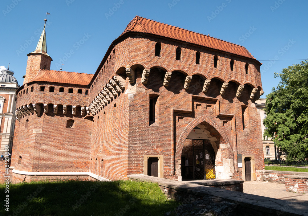 Krakow Barbican (Barbakan w Krakowie), historic medieval fortified gateway of the Old Town of Kraków, Poland.