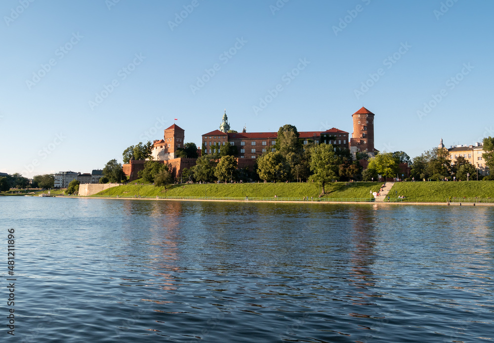 Wawel Hill Kraków with the famous Royal Castle. Located on the bank of the Vistula River (Wisła) in the Old Town district. UNESCO World Heritage Site in Krakow, Poland.
