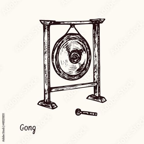Gong. Ink black and white doodle drawing in woodcut style with inscription.