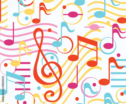Seamless colorful musical pattern background with music notes and clef
